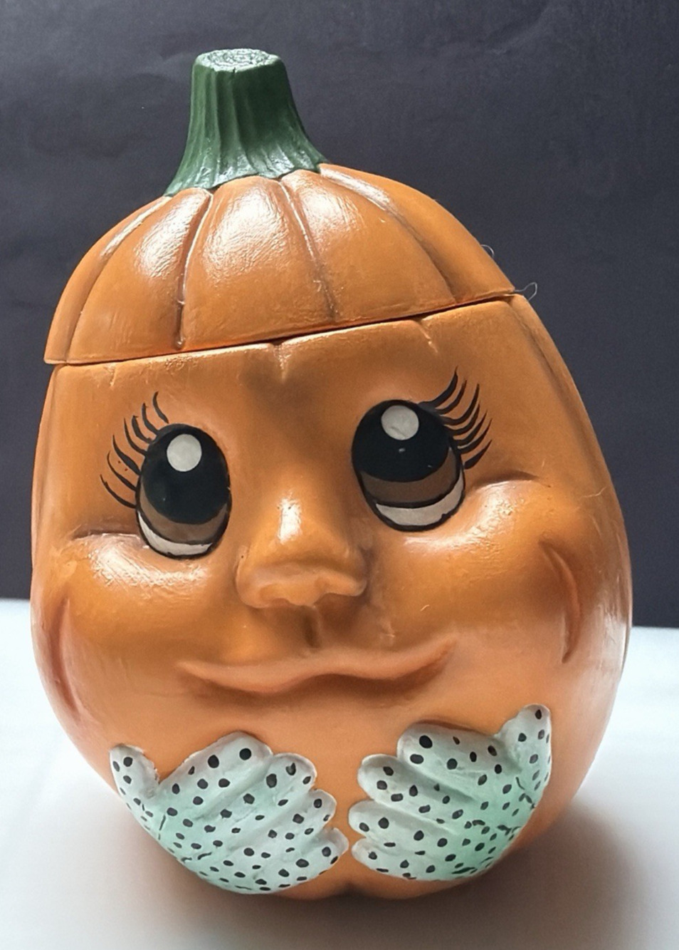 Vintage Anthropomorphic Pumpkin Face Ceramic Figurine Hand Painted Jar As Is